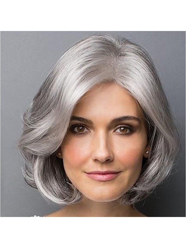 Synthetic Wig Bangs Curly Bob Side Part Wig Short Grey Synthetic Hair 14 inch Women's Fashionable Design Classic Women Gray #7248064