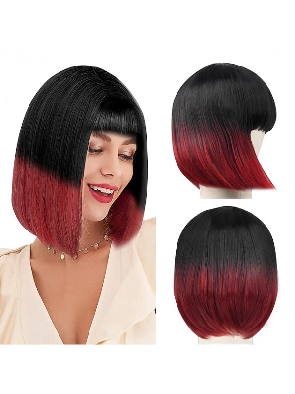 Black Wig With Bangs Bob Wig with Bangs 14 Inch Soft Colored Wigs for Women Short Synthetic Cosplay Wig for Girls Daily Use Natural Black to Blonde Wig #9034678