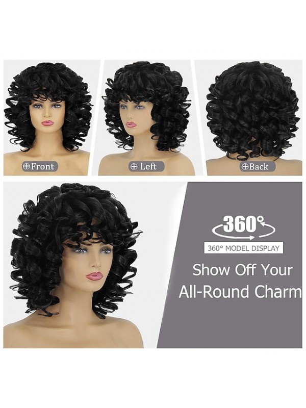 Black Wigs for Women Black Ladies Short Curly African Wig 14 Inches Curly Wavy Black Wig with Bangs Cute and Fashionable Natural Appearance Synthetic Hair Replacement Wig Heat-Resistant #8755849