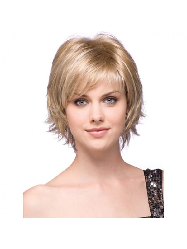 Human Hair Blend Wig Short Wavy Bob Layered Haircut Short Full Machine Made Hairstyles With Bangs Full Machine Made Wavy Side Part Capless Women's Strawberry Blonde 10Inch #3160986