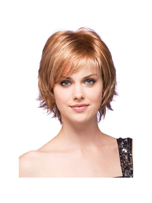 Human Hair Blend Wig Short Wavy Bob Layered Haircut Short Full Machine Made Hairstyles With Bangs Full Machine Made Wavy Side Part Capless Women's Strawberry Blonde 10Inch #3160986