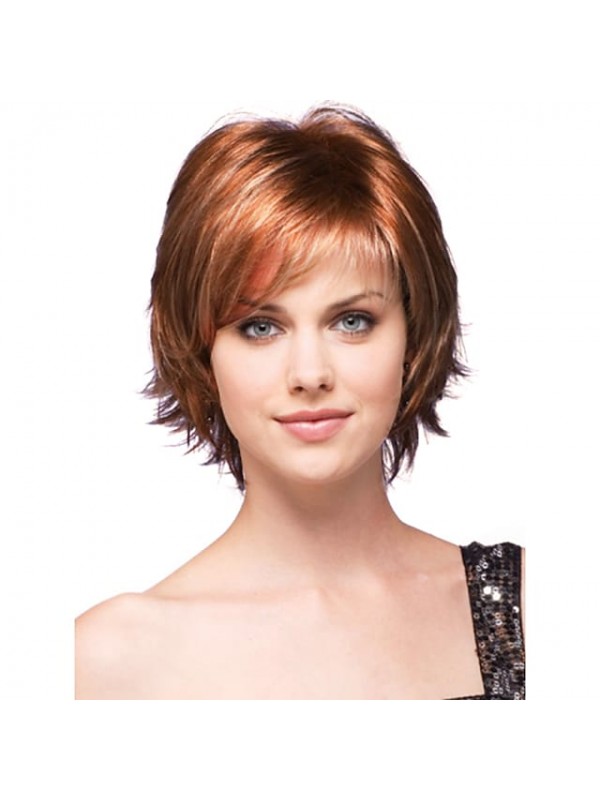 Human Hair Blend Wig Short Wavy Bob Layered Haircut Short Full Machine Made Hairstyles With Bangs Full Machine Made Wavy Side Part Capless Women's Strawberry Blonde 10Inch #3160986