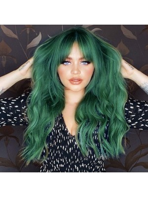 Green Wigs for Women Green Wig with Bangs Blue Color Wig Wet and Wavy Long Loose Curly Wave Synthetic Heat Resistant Fiber Black Ombre Green Hair Wig for Women 26 Inch1 #8813389