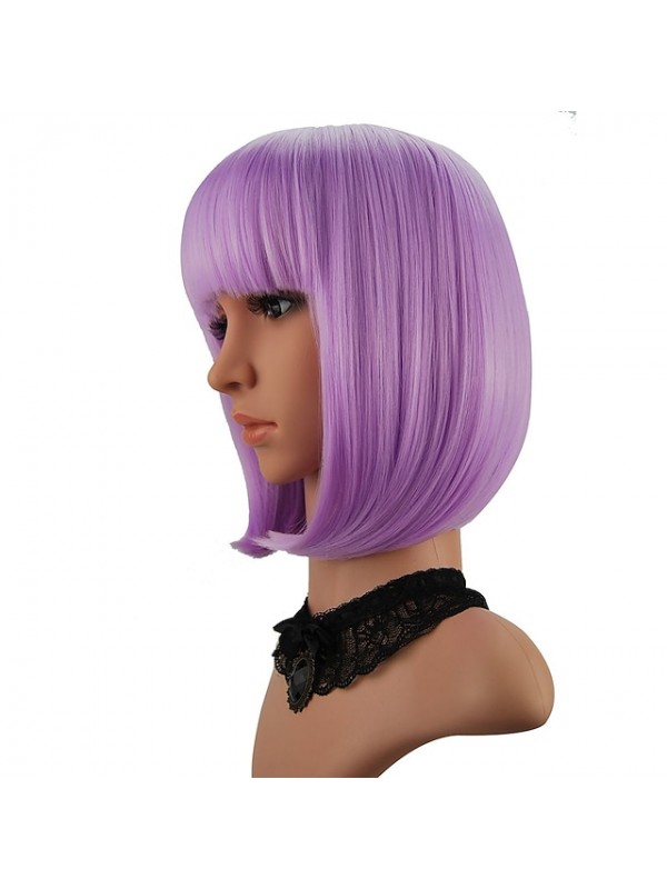 Pink Wigs for Women Synthetic Wig Straight Bob with Bangs Wig Pink Short T-Rose Silver Grey White Blue Purple Synthetic Hair 12 Inch Women's Pink #1555798