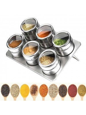 6 Pieces/set Magnetic Spice Jars with Spice Rack Stainless Steel Spice Tins Spice Storage Jar Tins Pepper Seasoning Shakers Jars Set of 6 Spice Storage Container Clear Lid Sift or Pour #8984395