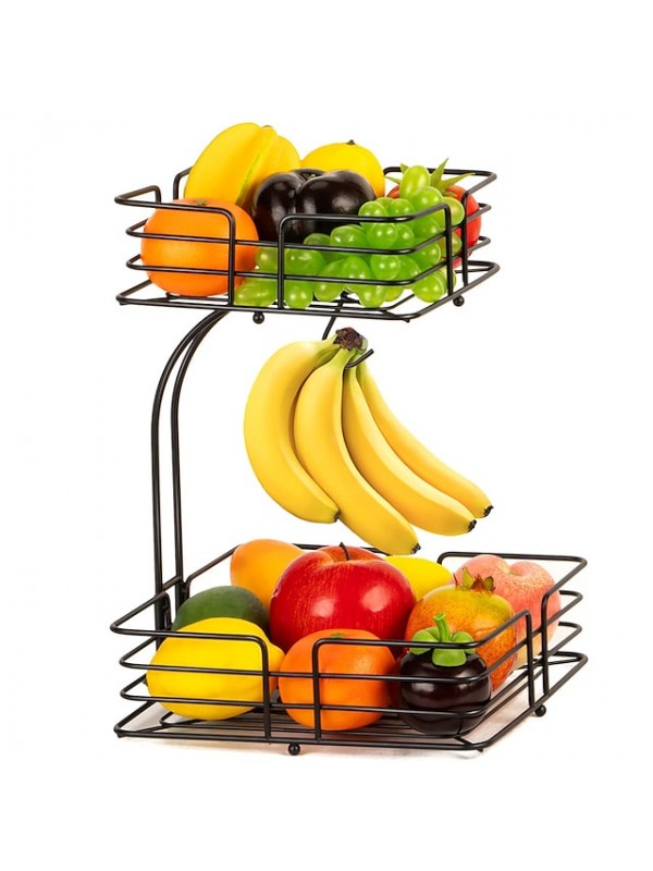 2-Tier Square Countertop Fruit Vegetables Basket Bowl Storage with  Grape Banana Hanger #9009594