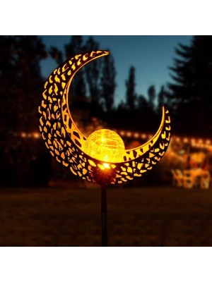 Ramadan Eid Lights Solar Lights Outdoor Waterproof LED Solar Patio Garden Lawn Light Wrought Iron Moon Retro Glass Crack Hollow Projection Lamp Plug Light Outdoor Garden Decoration Landscape Lamp #8702054