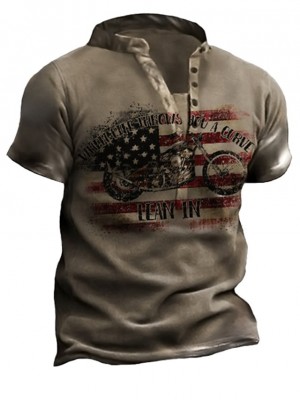 Men's Henley Shirt Tee T shirt 3D Print Graphic Motorcycle National Flag Henley Casual Daily Button-Down Print Short Sleeve Tops Fashion Vintage Retro Big and Tall Gray #9018706