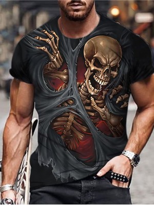 Men's Unisex T shirt 3D Print Graphic Prints Skull Crew Neck Daily Holiday Print Short Sleeve Tops Casual Designer Big and Tall Black / Gray / Summer #8869222