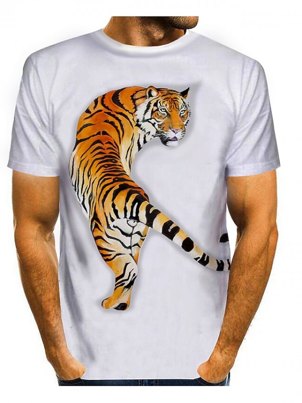 Men's Tee T shirt 3D Print Graphic 3D Tiger Plus Size Round Neck Daily Sports Print Short Sleeve Tops Casual Fashion Modern White and Yellow White and Red White / Black / Animal #8449654