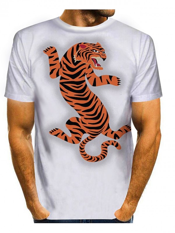 Men's Tee T shirt 3D Print Graphic 3D Tiger Plus Size Round Neck Daily Sports Print Short Sleeve Tops Casual Fashion Modern White and Yellow White and Red White / Black / Animal #8449654