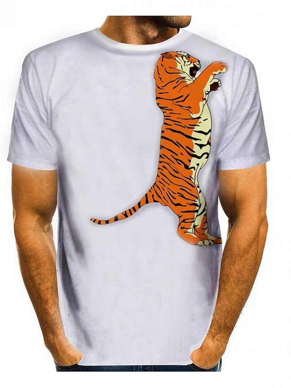 Men's Tee T shirt 3D Print Graphic 3D Tiger Plus Size Round Neck Daily Sports Print Short Sleeve Tops Casual Fashion Modern White and Yellow White and Red White / Black / Animal #8449654