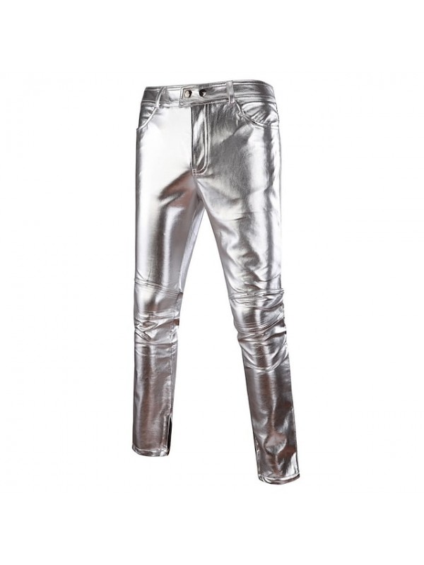 Men's Basic Streetwear Chinos Full Length Pants Party Going out Micro-elastic Solid Colored PU Mid Waist Black Silver Gold M L XL XXL 3XL / Club / Punk & Gothic / Weekend #7241072