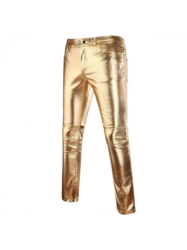 Men's Basic Streetwear Chinos Full Length Pants Party Going out Micro-elastic Solid Colored PU Mid Waist Black Silver Gold M L XL XXL 3XL / Club / Punk & Gothic / Weekend #7241072