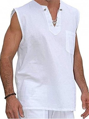 Men's Shirt Solid Colored V Neck Casual Daily Drawstring Sleeveless Tops Cotton Casual Fashion Breathable Comfortable White Black Khaki #8671042