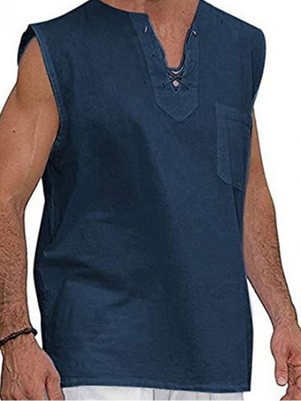 Men's Shirt Solid Colored V Neck Casual Daily Drawstring Sleeveless Tops Cotton Casual Fashion Breathable Comfortable White Black Khaki #8671042