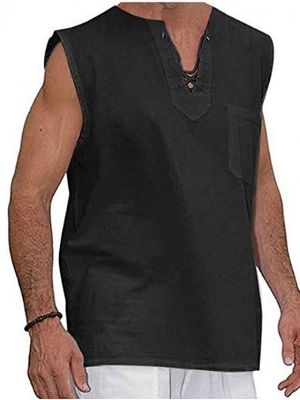 Men's Shirt Solid Colored V Neck Casual Daily Drawstring Sleeveless Tops Cotton Casual Fashion Breathable Comfortable White Black Khaki #8671042