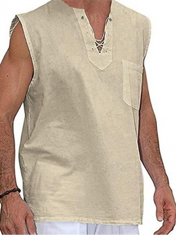 Men's Shirt Solid Colored V Neck Casual Daily Drawstring Sleeveless Tops Cotton Casual Fashion Breathable Comfortable White Black Khaki #8671042