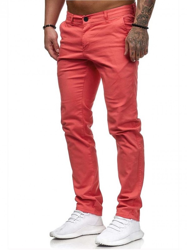 Men‘s Stylish Classic Style Casual Chino Breathable Soft Straight Pants Chinos Trousers Cotton Slim Home Daily Pants Solid Colored Ankle-Length with Side Pocket Button Front Yellow Blushing Pink #8645258