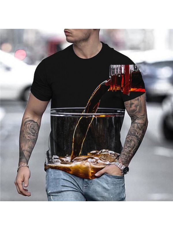 Men's Tee T shirt 3D Print Graphic 3D Beer Plus Size Round Neck Going out Weekend Short Sleeve Tops Basic Comfortable Big and Tall Black Pink Gold #7976062