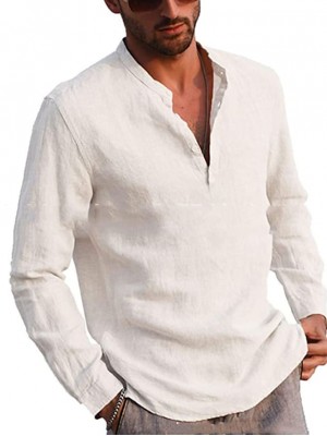 Men's Shirt Solid Color Henley Street Daily Button-Down Long Sleeve Tops Linen Casual Comfortable Light Yellow Green White #8739434