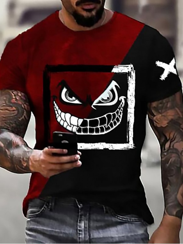 Men's Unisex Tee T shirt Shirt 3D Print Graphic Prints Emoji Face Crew Neck Daily Holiday Print Short Sleeve Tops Casual Designer Big and Tall Black / Red Wine Red / Summer #8744612