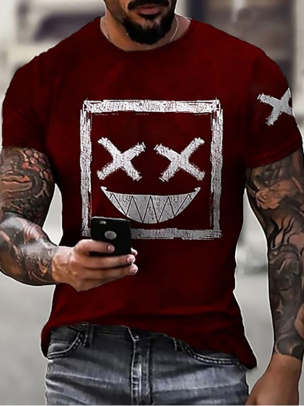 Men's Unisex Tee T shirt Shirt 3D Print Graphic Prints Emoji Face Crew Neck Daily Holiday Print Short Sleeve Tops Casual Designer Big and Tall Black / Red Wine Red / Summer #8744612