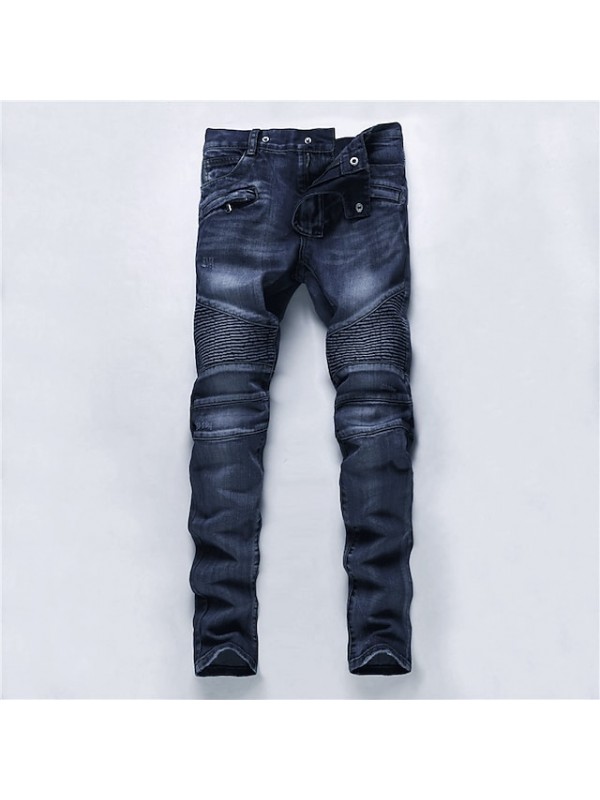 men's retro distressed zipper pleated wear-resistant jeans trousers straight pants slim fit retro style biker jeans pants #8679493