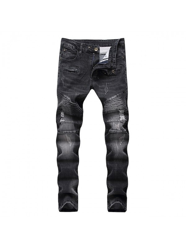 men's retro distressed zipper pleated wear-resistant jeans trousers straight pants slim fit retro style biker jeans pants #8679493