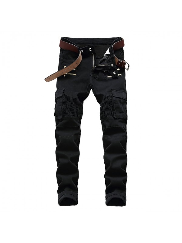 men's retro distressed zipper pleated wear-resistant jeans trousers straight pants slim fit retro style biker jeans pants #8679493