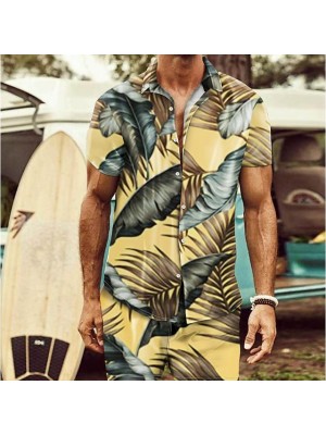 Men's Shirt Set 3D Print Plants Graphic Prints Turndown Casual Holiday 3D Print Button-Down Short Sleeve Tops Casual Fashion Hawaiian Comfortable Yellow #8967035