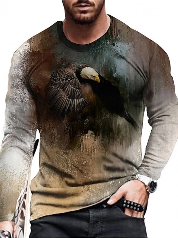 Men's Unisex Tee T shirt Shirt 3D Print Graphic Prints Eagle Crew Neck Daily Holiday Print Long Sleeve Tops Casual Designer Big and Tall Brown #8819459