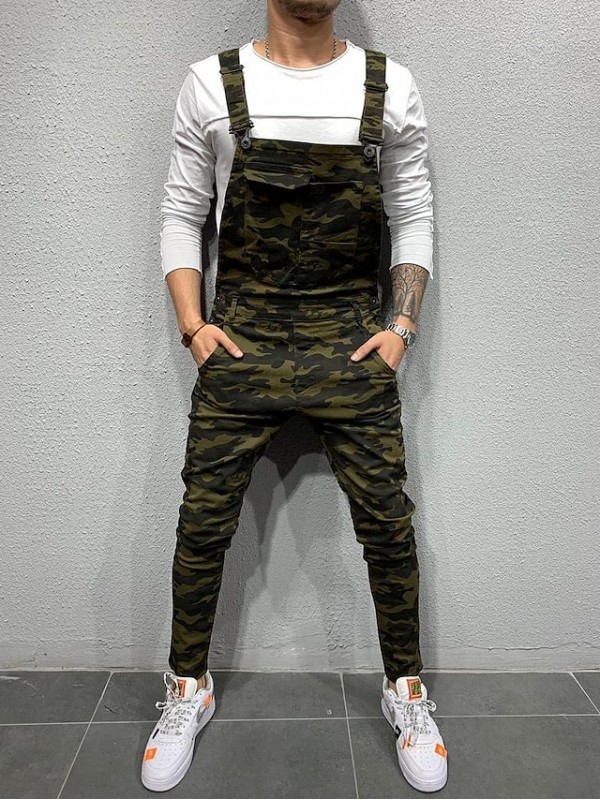 Men's Jeans Overalls Stylish Pants Streetwear Denim Pants Daily WorkWear Pants Jumpsuit Bib Overall Plain Solid Colored Pocket Wine Red Camouflage khaki Green White #8474601