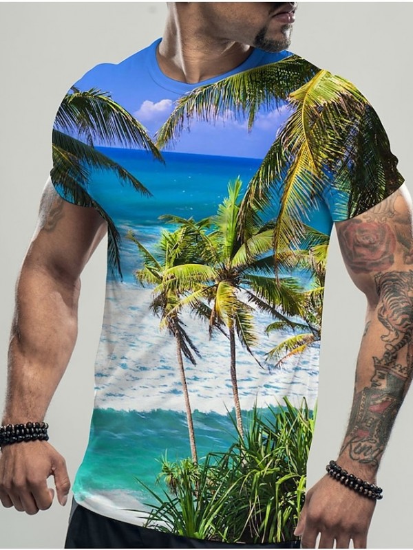 Men's T shirt 3D Print Palm Leaf Crew Neck Holiday Vacation 3D Print Short Sleeve Tops Ethnic Style Lightweight Hawaiian Slim Fit White #8981763