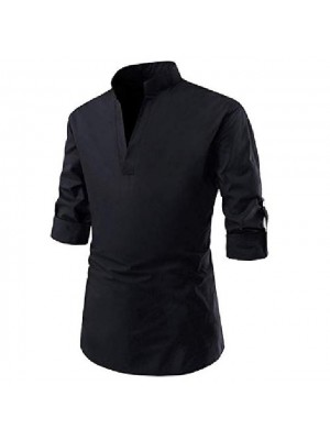 mmcp mens pure color long sleeve loose mandarin collar casual dress work shirt black xl #8640466