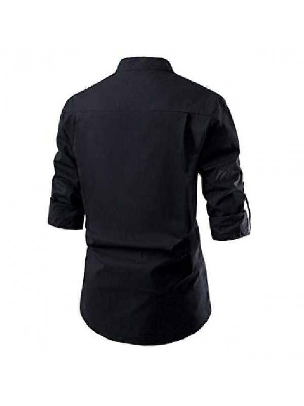 mmcp mens pure color long sleeve loose mandarin collar casual dress work shirt black xl #8640466