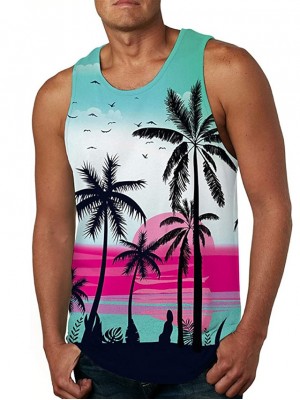 Men's Tank Top Vest Undershirt 3D Print Tree Crew Neck Daily Holiday 3D Print Sleeveless Tops Casual Beach Rainbow / Summer #8539719