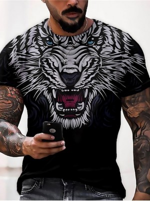 Men's Unisex T shirt 3D Print Graphic Prints Tiger Crew Neck Daily Holiday Print Short Sleeve Tops Casual Designer Big and Tall Black / Summer #8943995