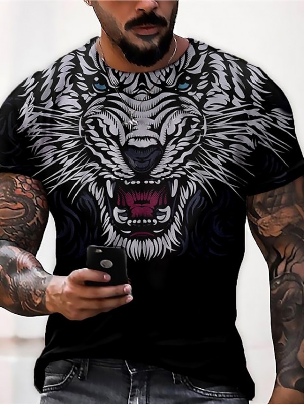 Men's Unisex T shirt 3D Print Graphic Prints Tiger Crew Neck Daily Holiday Print Short Sleeve Tops Casual Designer Big and Tall Black / Summer #8943995