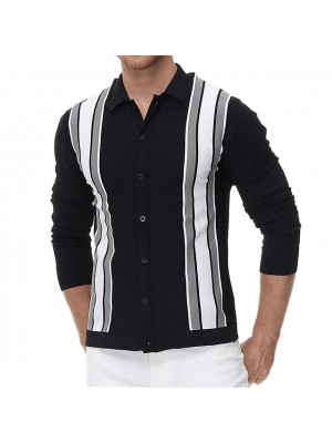 Men's Golf Shirt Print Striped Turndown Street Daily Work Button-Down Print Long Sleeve Tops Casual Breathable Comfortable Black / White Green Khaki #9025606