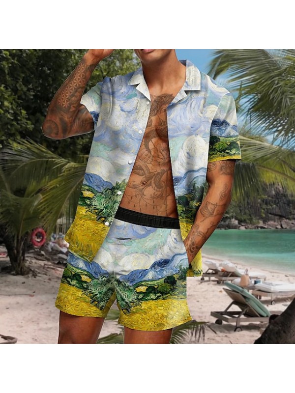 Men's Shirt Set 3D Print Scenery Graphic Prints Turndown Casual Holiday 3D Print Button-Down Short Sleeve Tops Casual Fashion Hawaiian Comfortable Yellow #8967617