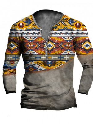 Men's Henley Shirt T shirt 3D Print Graphic Tribal Henley Casual Daily Button-Down Print Long Sleeve Tops Casual Vintage Classic Designer Orange Red Brown #9025652