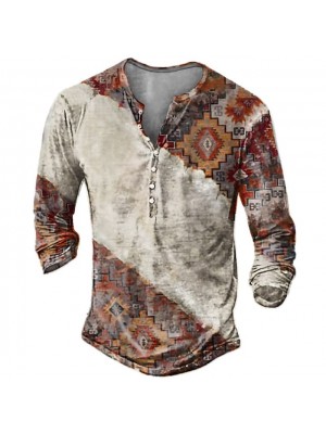 Men's Henley Shirt Tee T shirt Graphic Vintage Plus Size Henley Street Casual Button-Down Print Long Sleeve Tops Basic Casual Classic Big and Tall Gray Khaki Brown #8981681