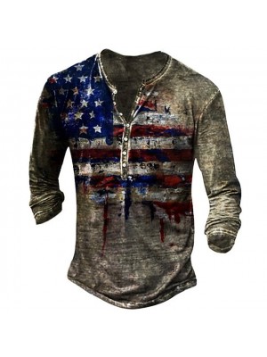 Men's Henley Shirt Tee T shirt Graphic American Flag Plus Size Henley Street Casual Button-Down Print Long Sleeve Tops Basic Casual Classic Big and Tall Green Black Gray #8981689