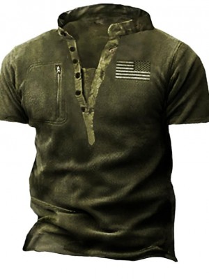 Men's Henley Shirt Tee T shirt Graphic National Flag Henley Casual Daily Button-Down Print Short Sleeve Tops Fashion Vintage Retro Big and Tall Army Green #9018729