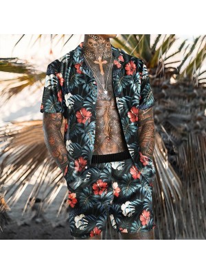 Men's Shirt Set 3D Print Floral Turndown Casual Holiday 3D Print Button-Down Short Sleeve Tops Casual Fashion Hawaiian Comfortable Blue #8967052