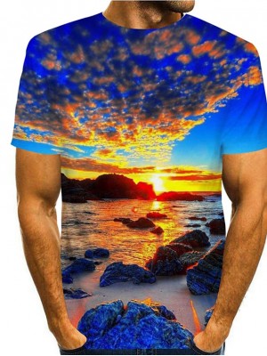 Men's Tee T shirt Shirt 3D Print Graphic Prints Beach Round Neck Daily Holiday Print Short Sleeve Tops Casual Designer Big and Tall Blue / Summer #8618912