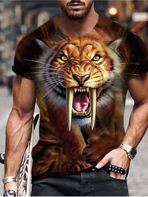 Men's Unisex T shirt 3D Print Graphic Prints Tiger Animal Crew Neck Street Daily Print Short Sleeve Tops Casual Designer Big and Tall Sports Brown #8984129