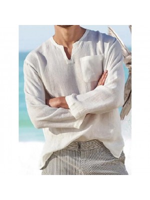 Men's simple solid color long sleeve v-neck 100% cotton Casual Daliy shirts Summer Shirts Beach #8639958