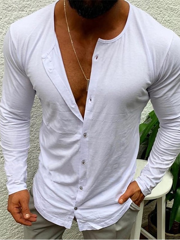 Men's Shirt Solid Color Crew Neck Street Casual Button-Down Long Sleeve Tops Casual Fashion Comfortable White Black Fuchsia Summer Shirts Muscle Shirts for Men #8973431